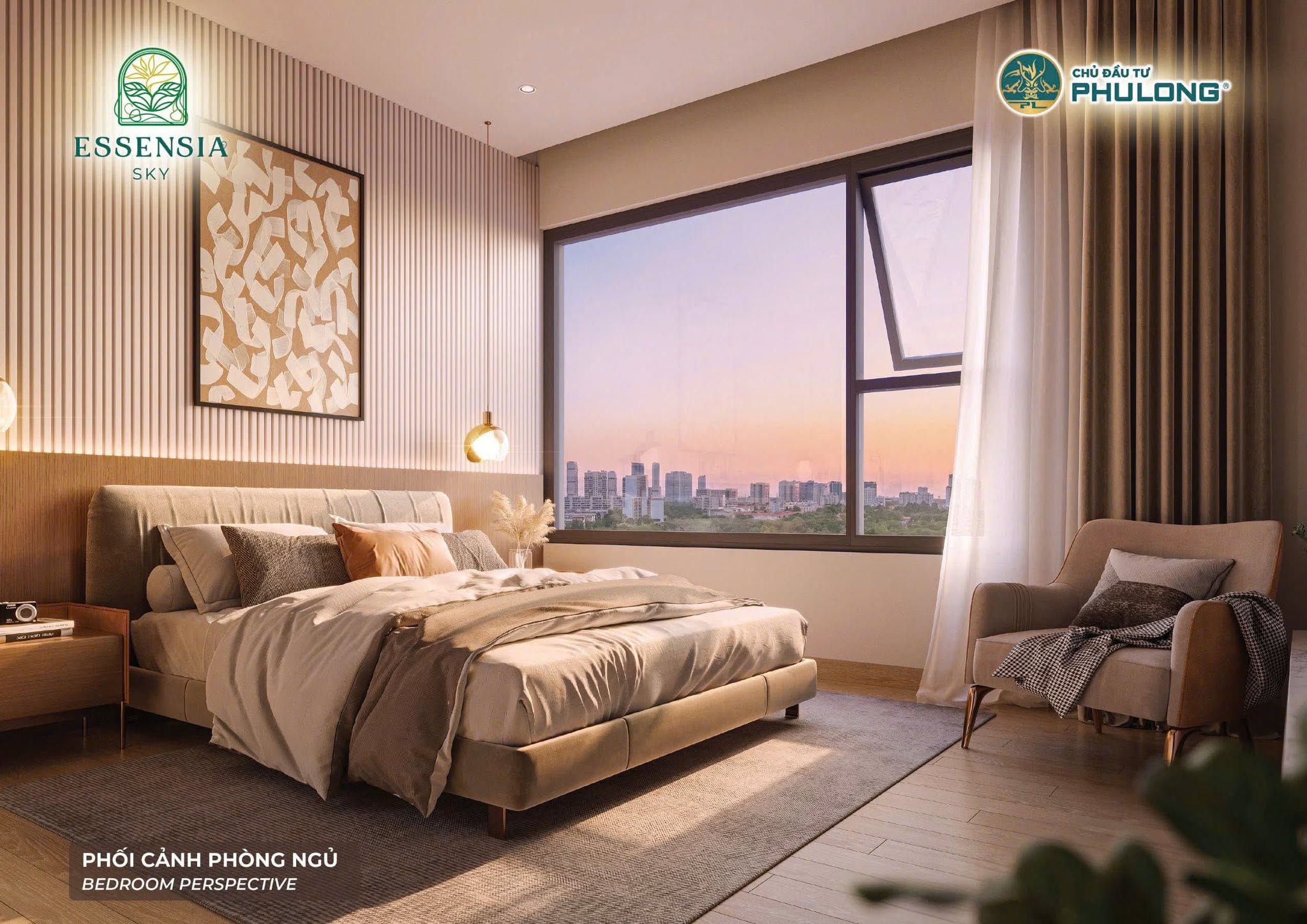 Phối cảnh phòng ngủ master view toàn cảnh thành phố căn hộ Essensia Sky