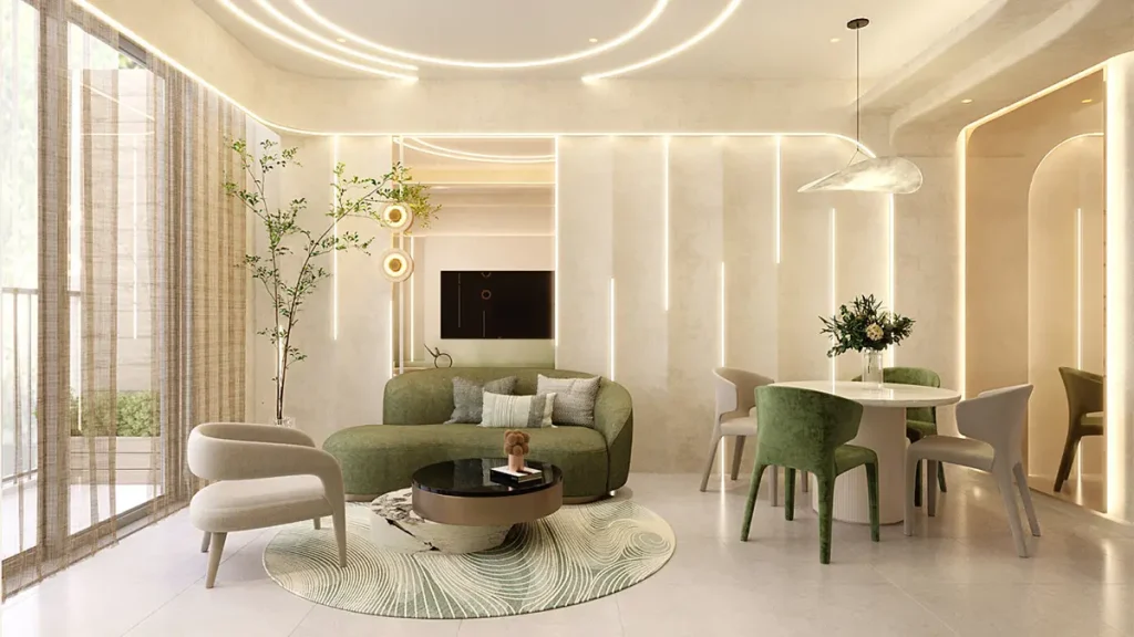 Góc sinh hoạt thư giãn cạnh cửa sổ panorama căn hộ mẫu A&K Tower