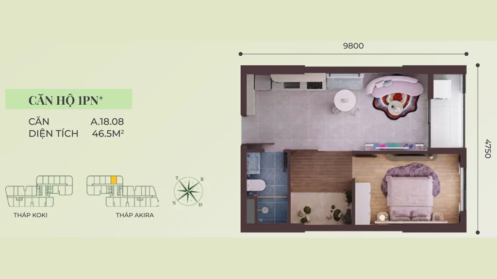 Thiết kế layout căn hộ 1PN+1 Mẫu 01 A&K Tower diện tích 46.5 m²