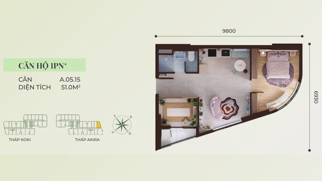Thiết kế layout căn hộ 1PN+1 Mẫu 02 A&K Tower diện tích 51.0 m²