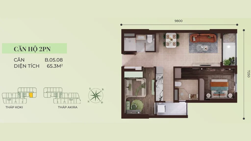 Thiết kế layout căn hộ 2PN Mẫu 01 A&K Tower diện tích 65.3 m²