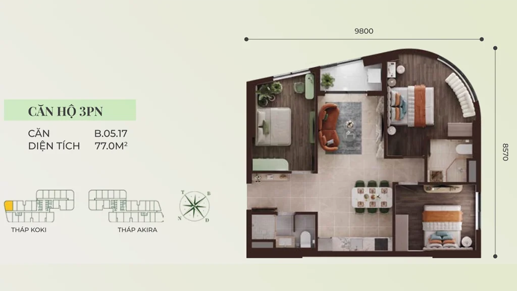 Thiết kế layout căn hộ 3PN A&K Tower diện tích 77.0 m²