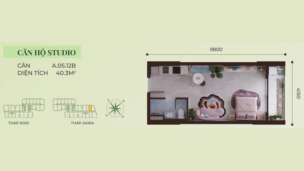 Thiết kế layout căn hộ Studio A&K Tower diện tích 40.3 m²