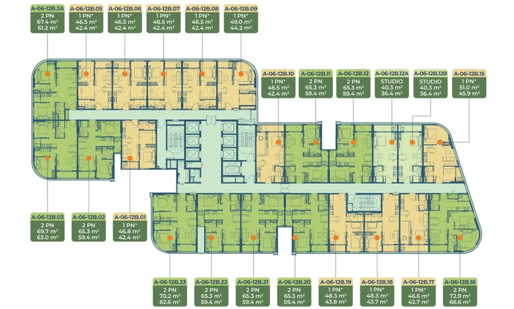 Mặt bằng Tầng 6 đến 12 Tháp A căn hộ A&K Tower