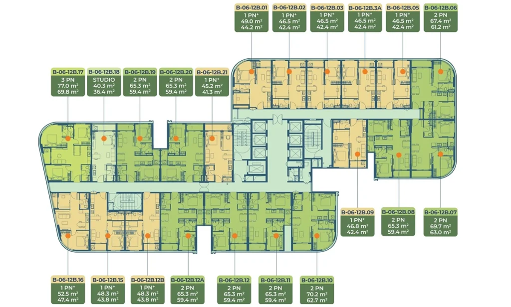 Mặt bằng Tầng 6 đến 12 Tháp B căn hộ A&K Tower