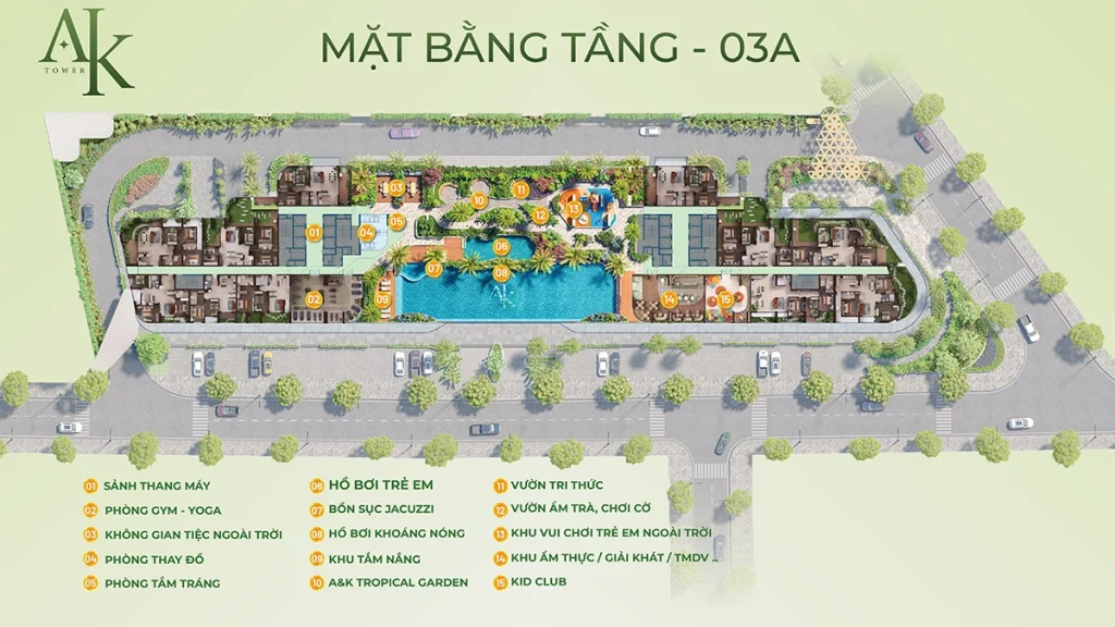 Mặt bằng tiện ích hồ bơi khoáng nóng và cảnh quan Tầng 3A A&K Tower
